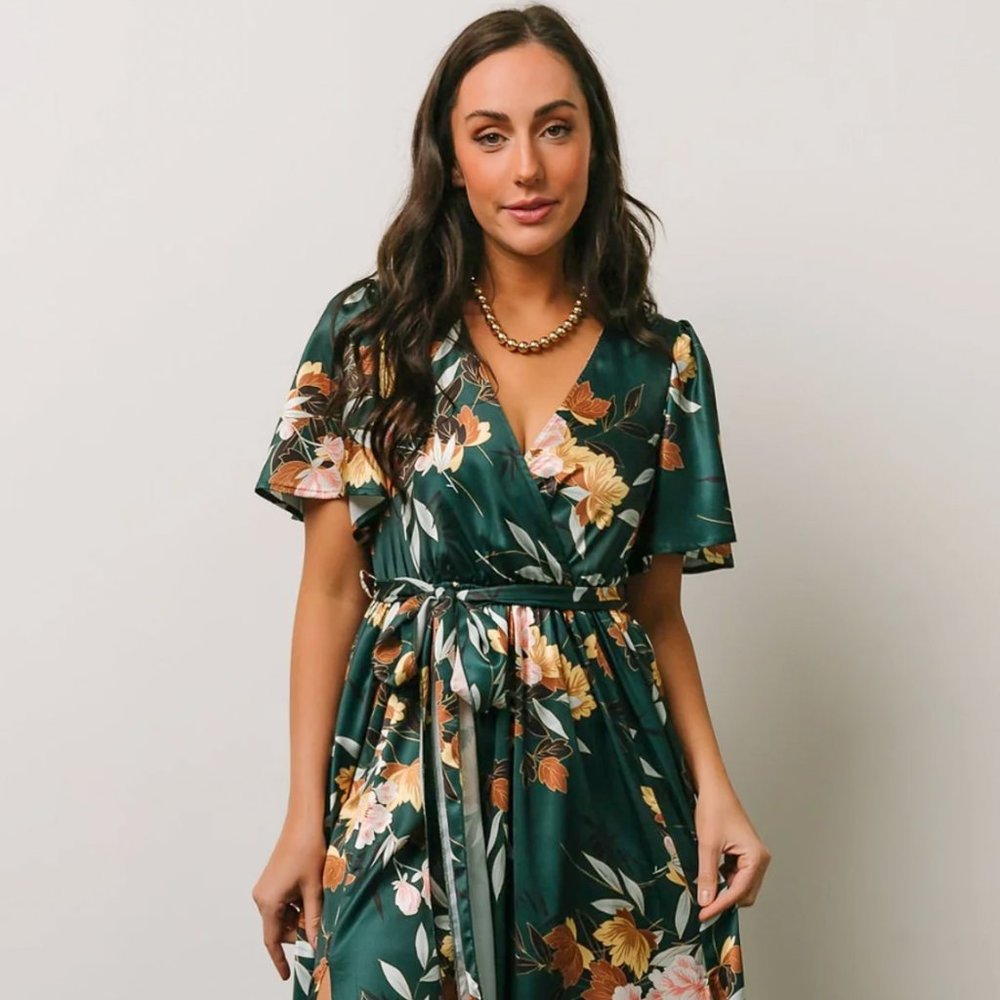 Baltic Born Sicily Satin Dress in Dark Green Floral M